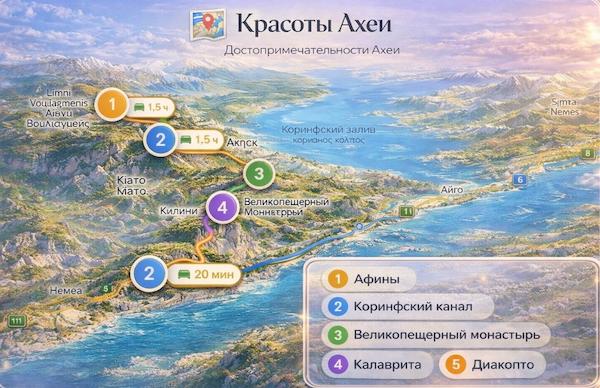 Карта маршрута тура Красоты Ахеи — Афины, Коринфский канал, Великопещерный монастырь, Калаврита, Диакоптон