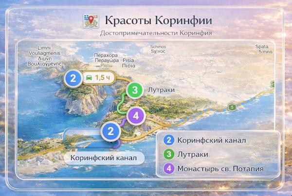 Карта маршрута тура по Коринфии — Афины, Коринфский канал, Коринф, озеро Вульягмени